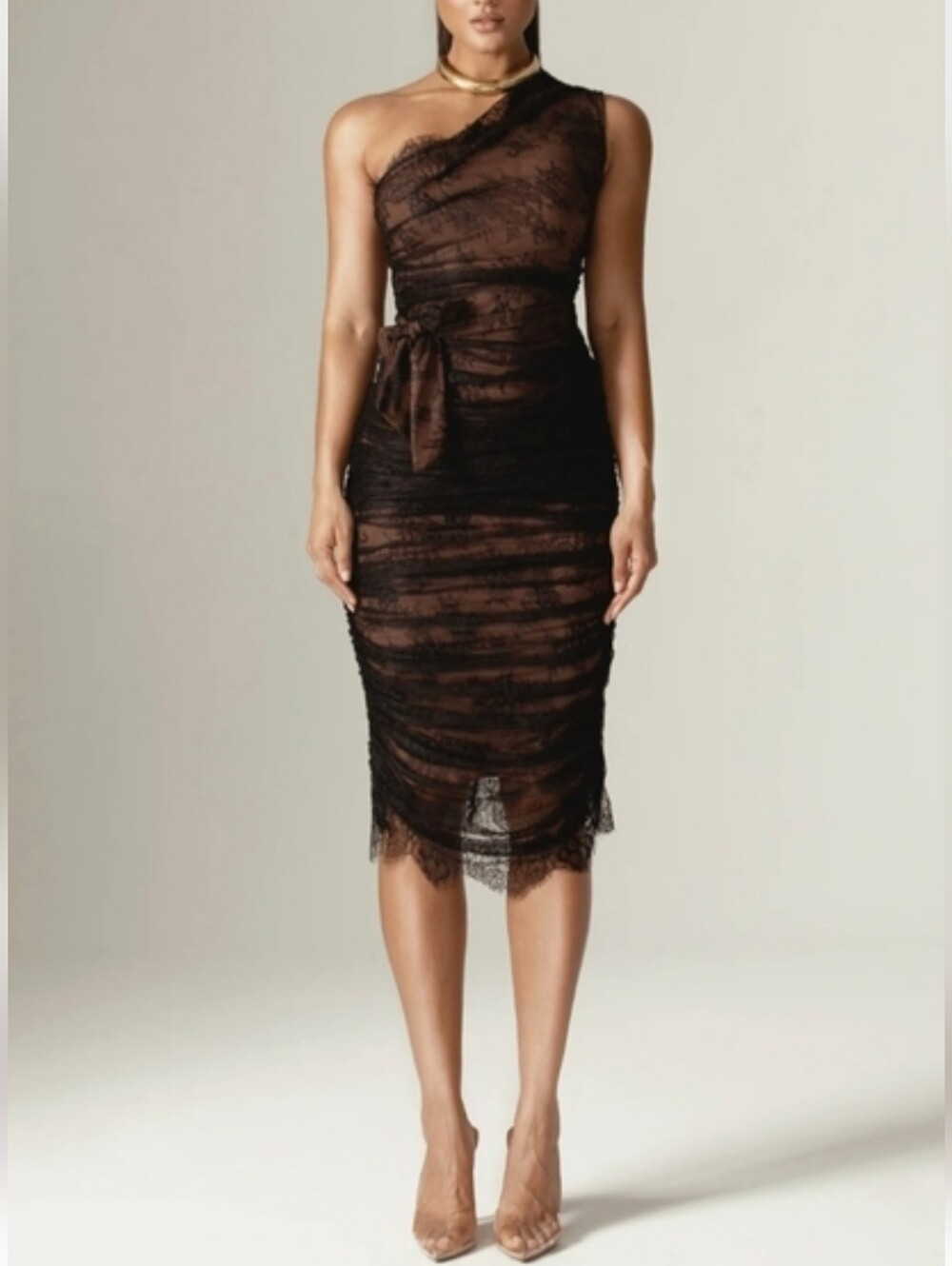 NWT Alieva One-Shoulder Black Lace Midi Dress